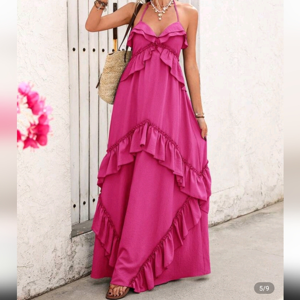 Elegant Pink Ruffle Maxi DRESS - Picture 2 of 3